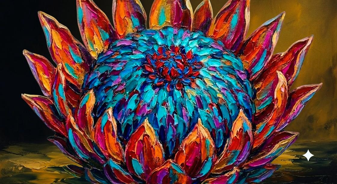 Impasto oil painting of a protea in electric blue, magenta and orange