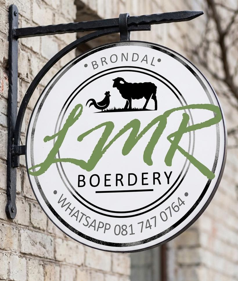 Circular Brondal LMR Boerdery logo sign mounted on a brick wall