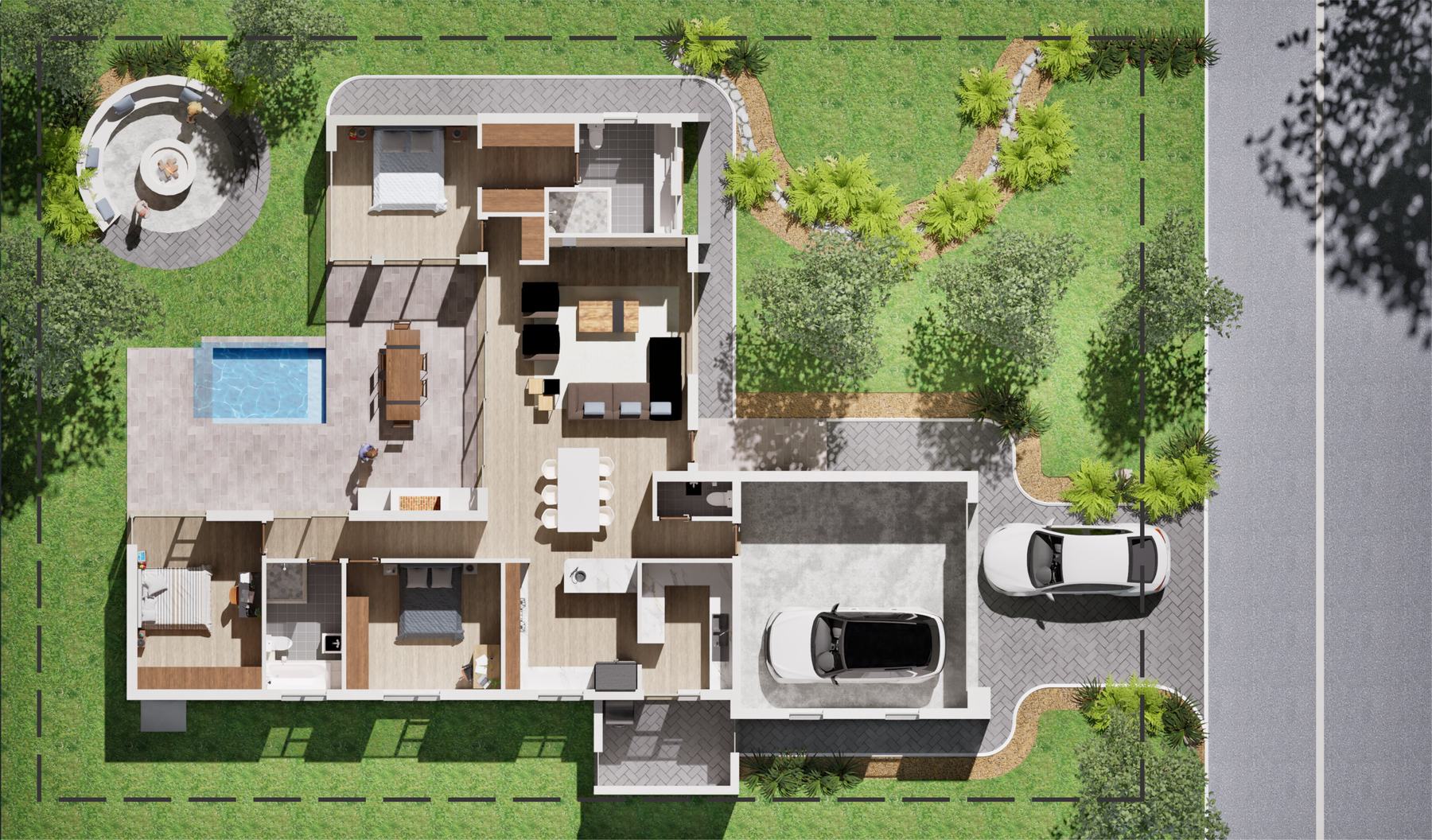 Aerial 3D floor plan of a single-storey home with pool, garden and driveway