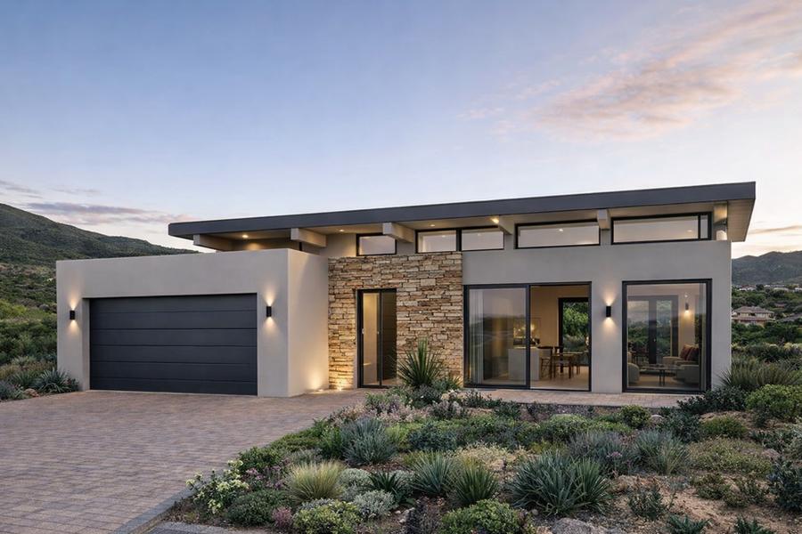 Photorealistic 3D render of a contemporary single-story home
