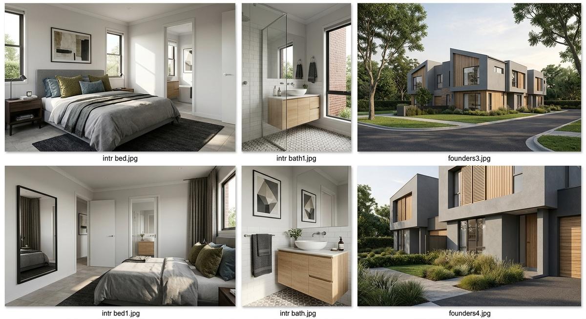 Grid of townhouse renders showing bedroom, bathroom and street elevation views