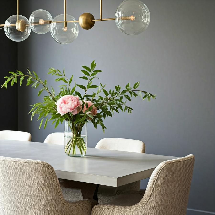 Styled dining vignette with fresh flowers and glass pendant lights