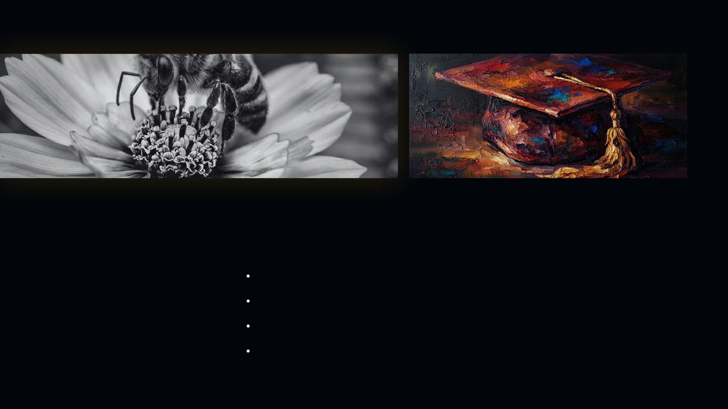 Two panels: a black and white macro photograph of a bee on a flower, and a painting of a graduation cap.