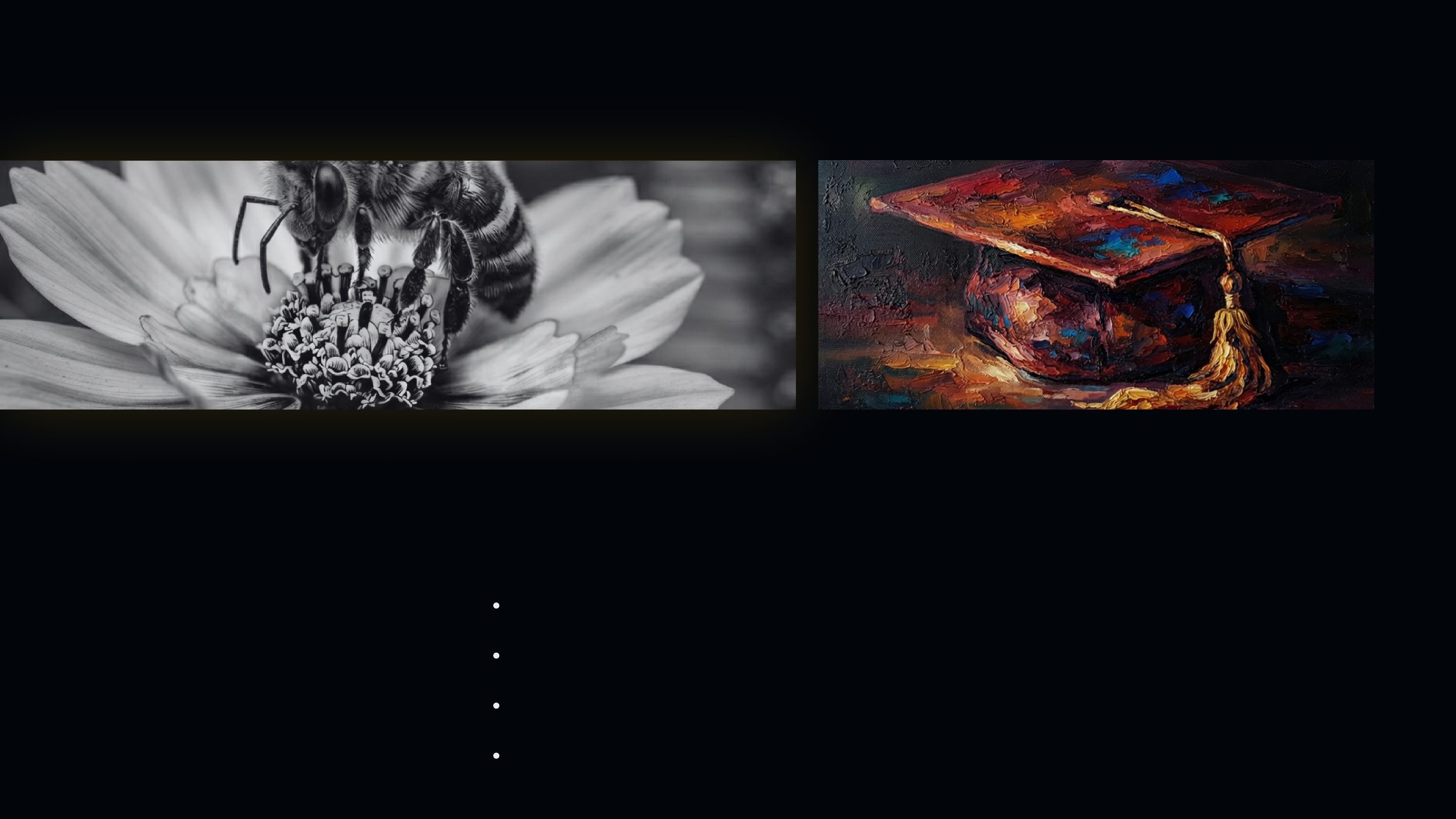 Two panels: a black and white macro photograph of a bee on a flower, and a painting of a graduation cap.