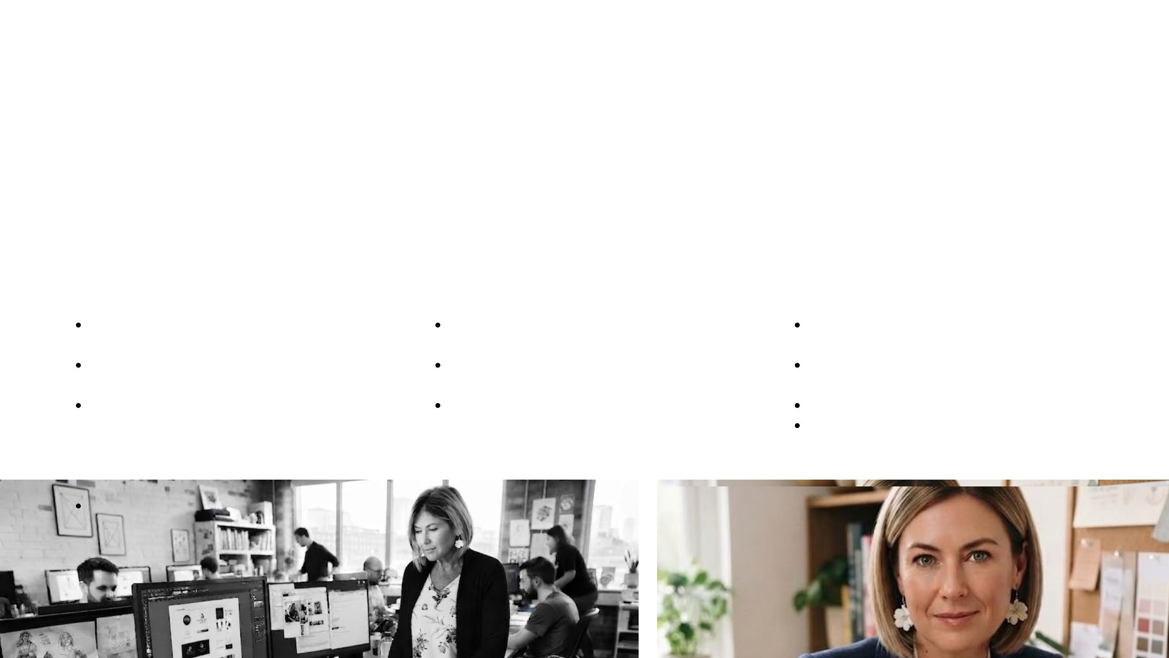 Three photographs of a design studio: a workstation, a designer at a drawing board, and a portrait.