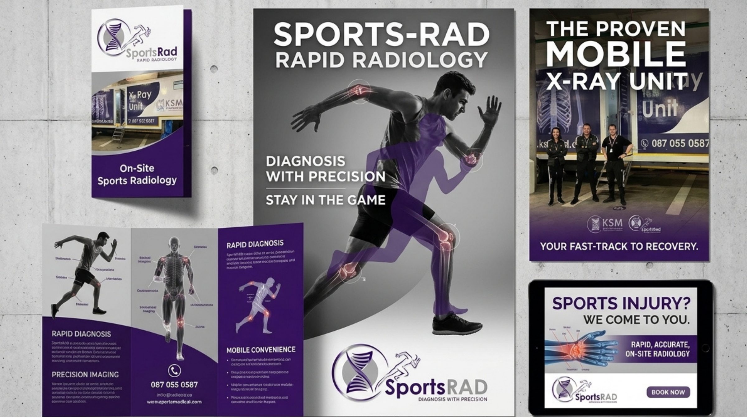 SportsRAD campaign posters, roll-up banners and digital adverts for rapid radiology and mobile X-ray.