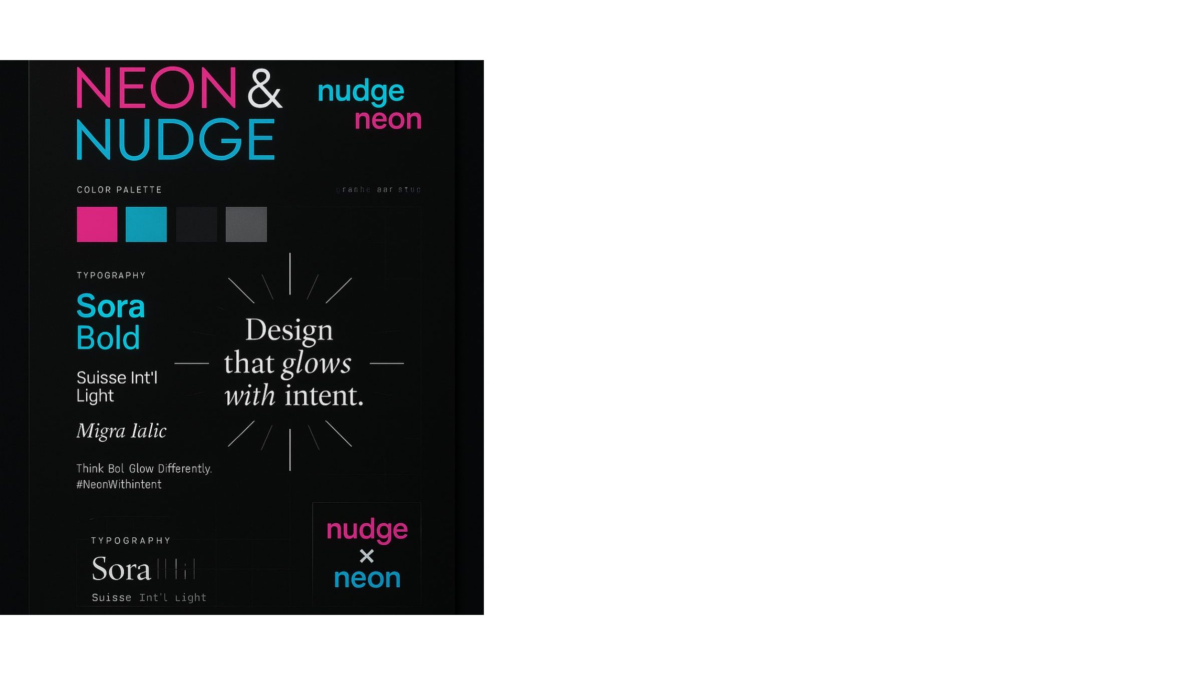 The NEON and NUDGE style guide showing logo lock-ups, colour swatches and typography.