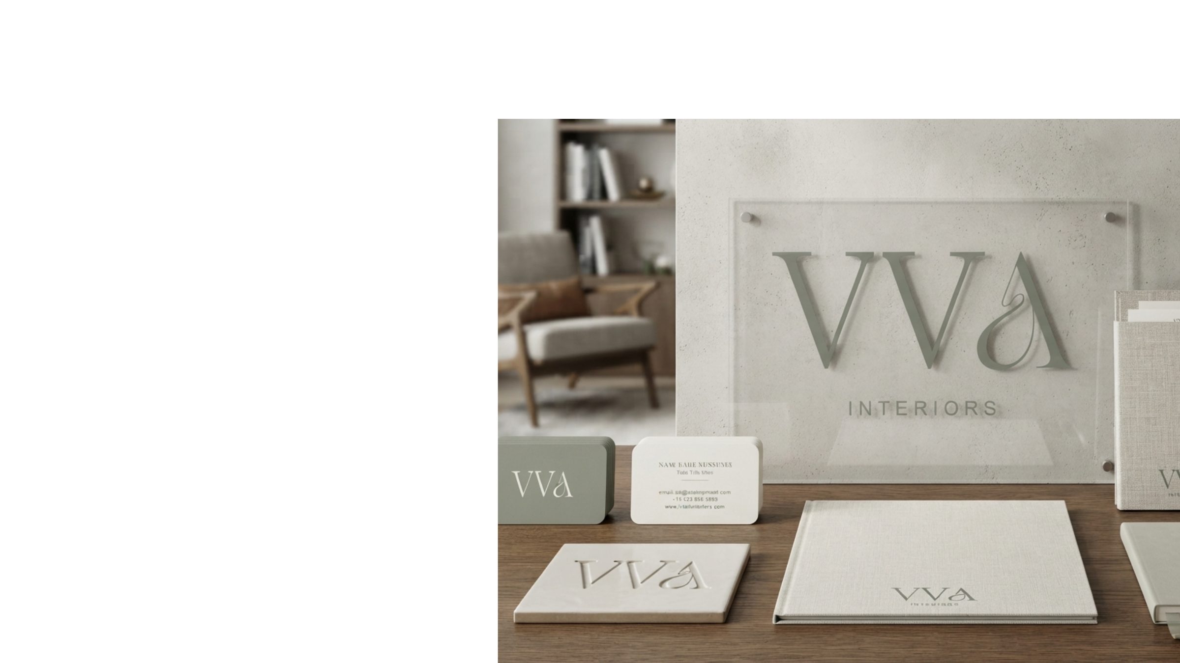 VVA Interiors stationery in muted grey and copper with an embossed logo.