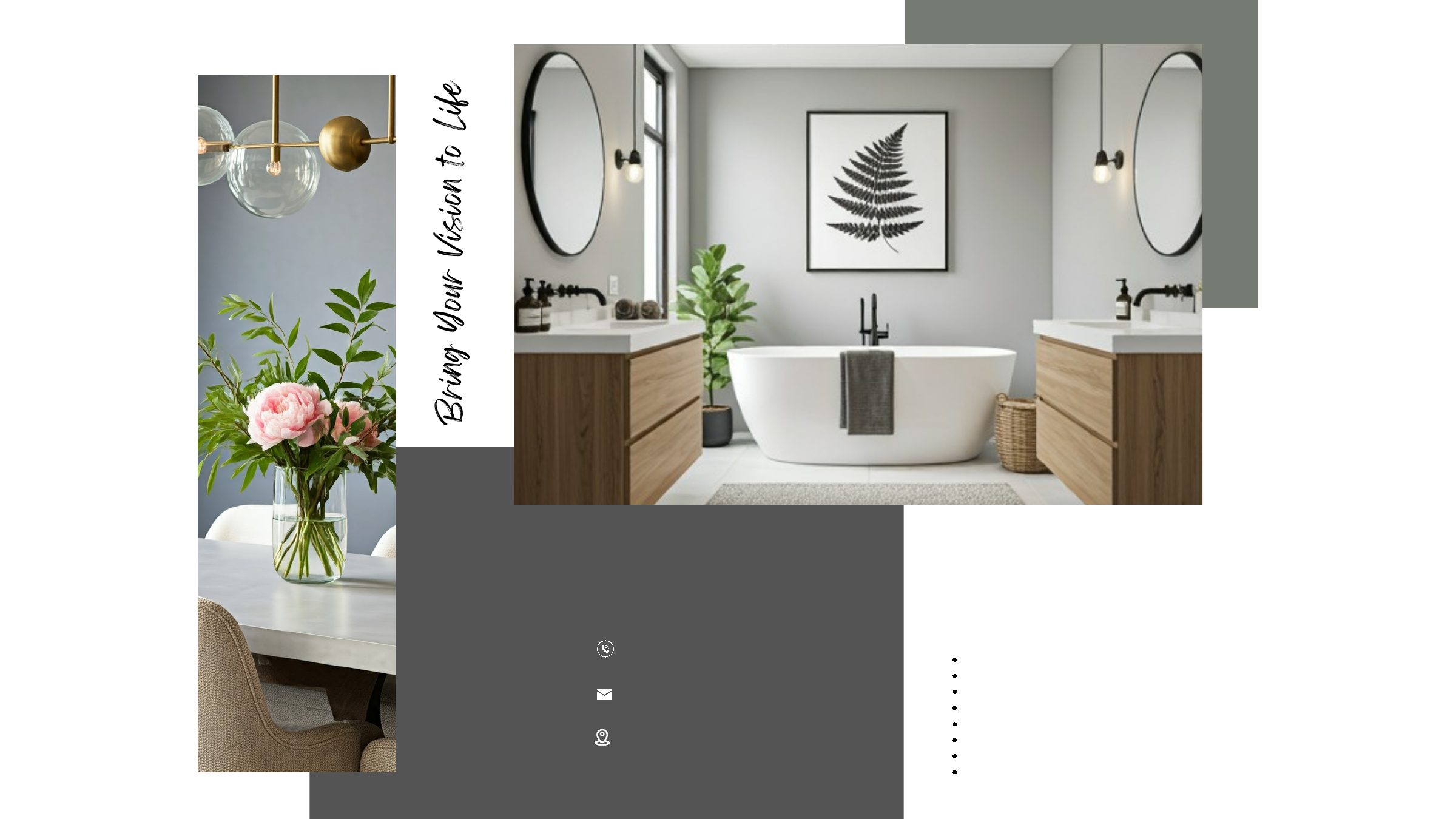 A VVA Interiors contact page with a styled bathroom and dining vignette.