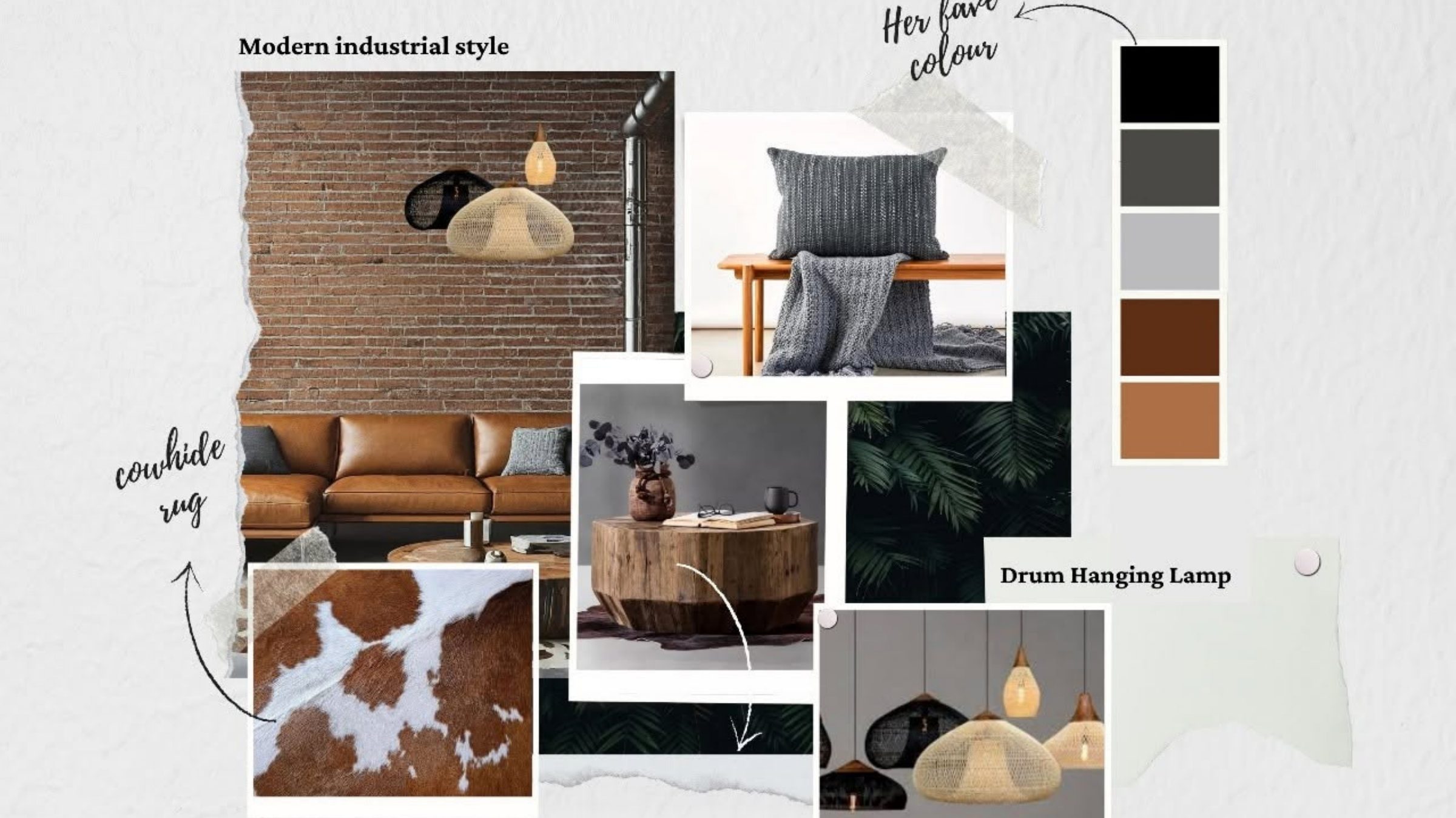 A modern industrial mood board with cowhide, timber, ceramics and pendant lighting.