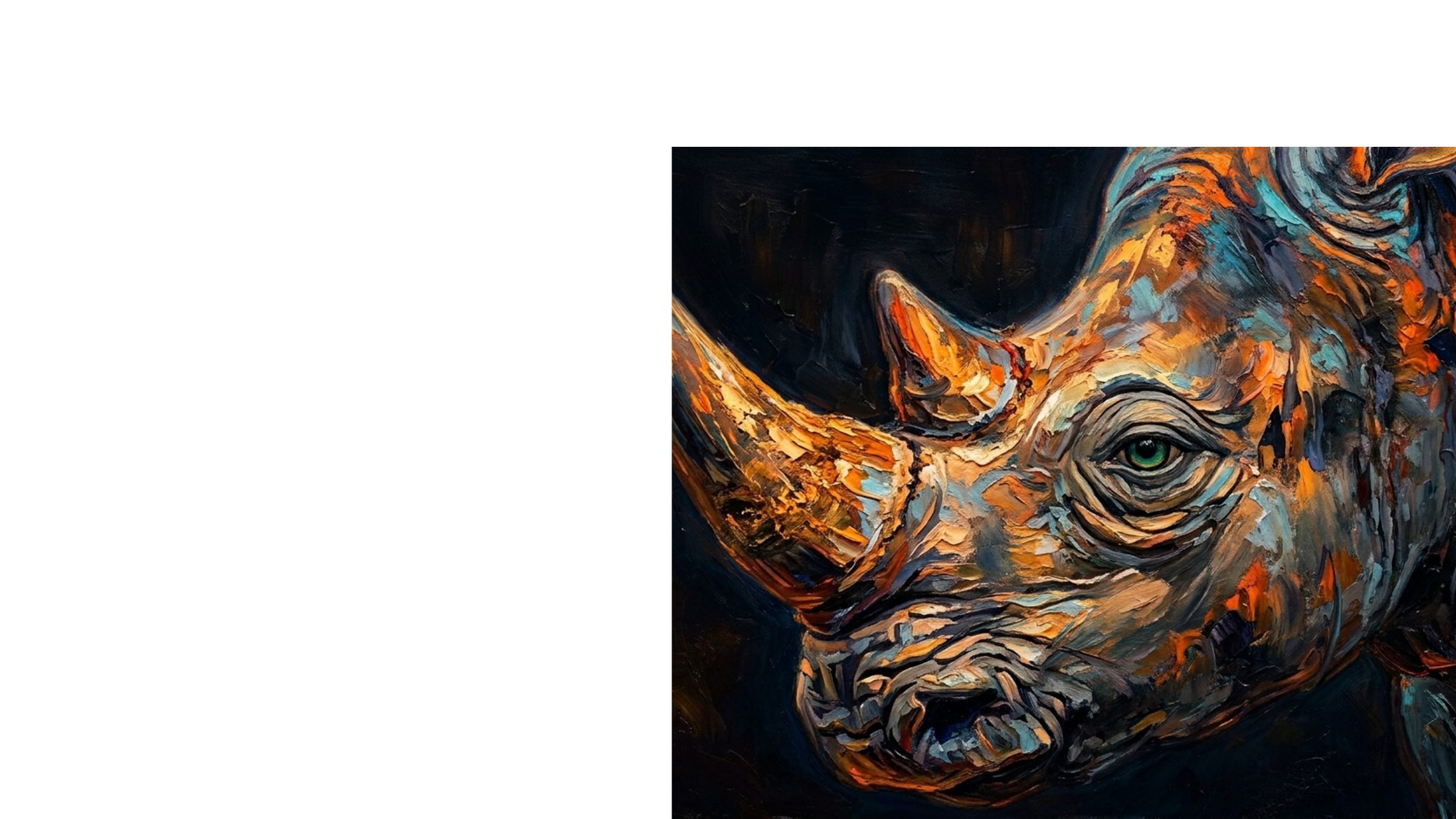 An impasto oil painting of a rhinoceros head in blues, oranges and gold.
