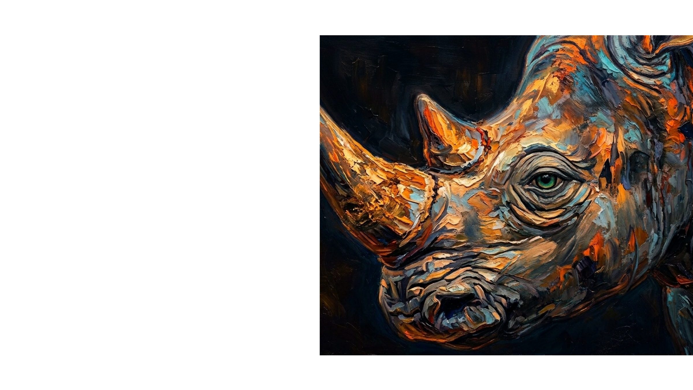 An impasto oil painting of a rhinoceros head in blues, oranges and gold.