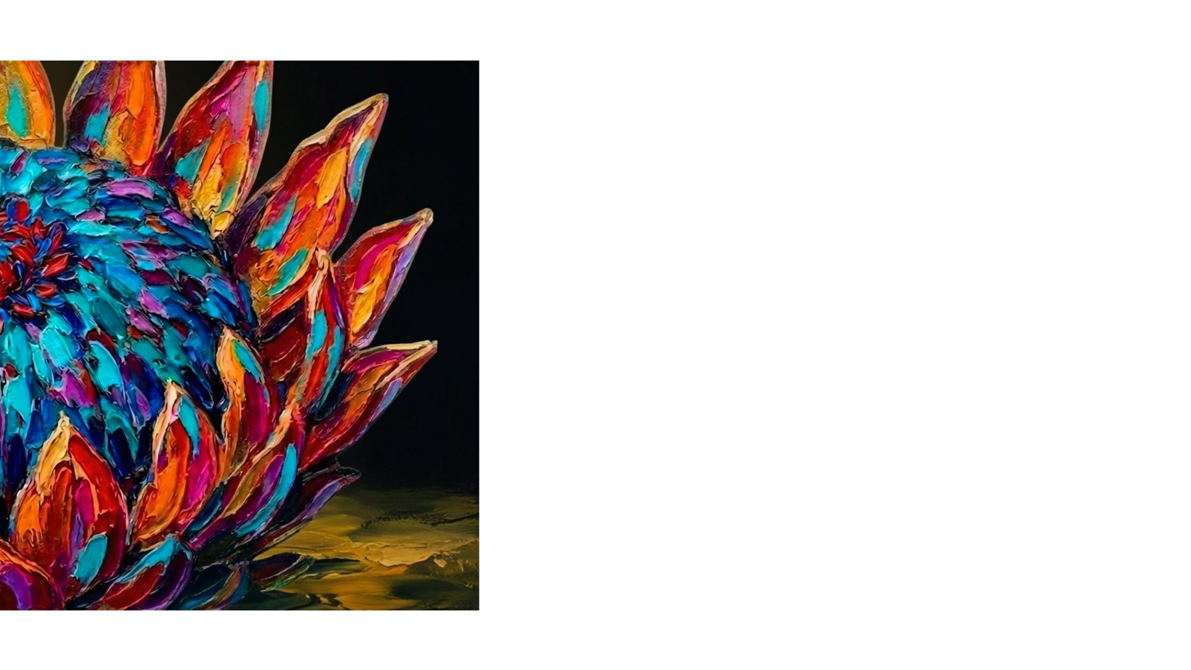 An impasto oil painting of a protea in electric blue, magenta and orange.